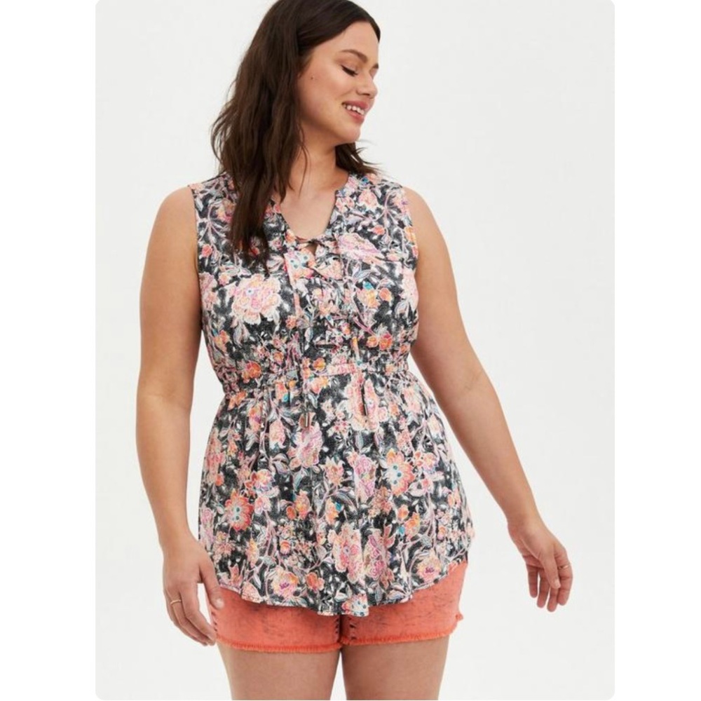 Torrid Babydoll Stretch Challis Lace-Up Tunic Top